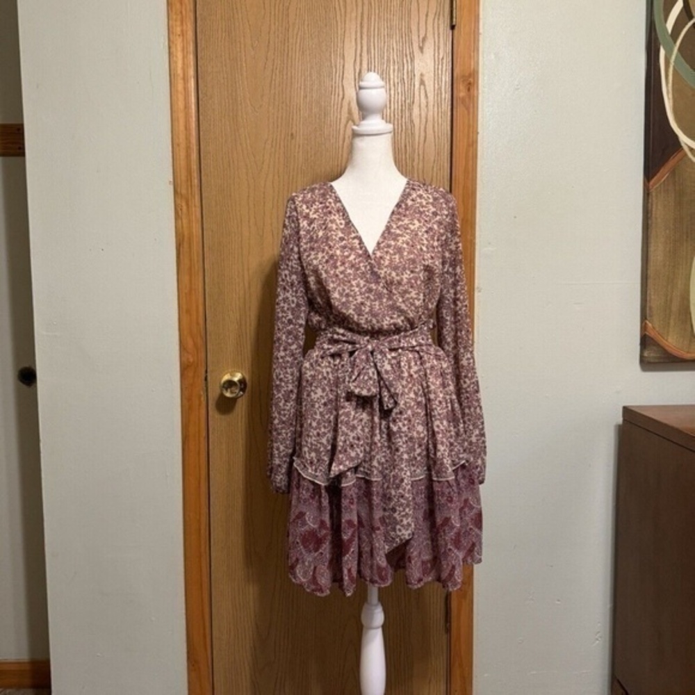 Japna Large Multi-Color w/Floral Print Long Sleeve Faux Wrap Tunic Dress - EUC